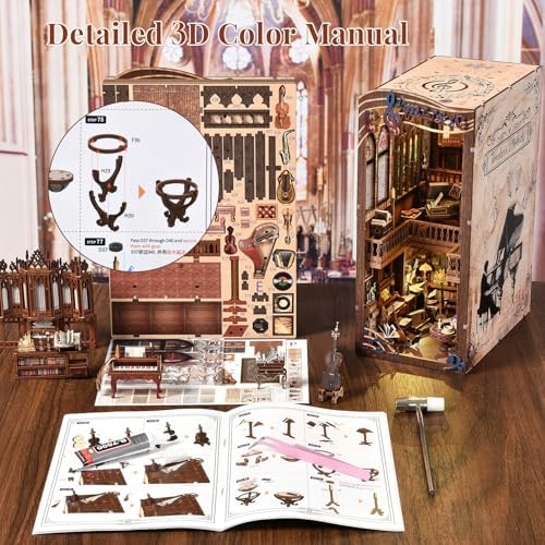 fifijoy Book Nook Kit Music, DIY Miniature House Kit Book Nook, 3D Wooden Puzzle Bookshelf Insert Diorama Kit with Led Light for Teens and Adults (Timeless Melody) - Image 4
