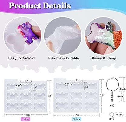LET'S RESIN Pet Tag Resin Molds Silicone, Cat Dog Tag Molds for Epoxy Resin & UV Resina 2'' & 1.7'', Bone Shape Resina Keychain Molds with 10Pcs Key Ring & 10pcs Jump Ring, DIY Keychain Pendant Crafts - Image 2