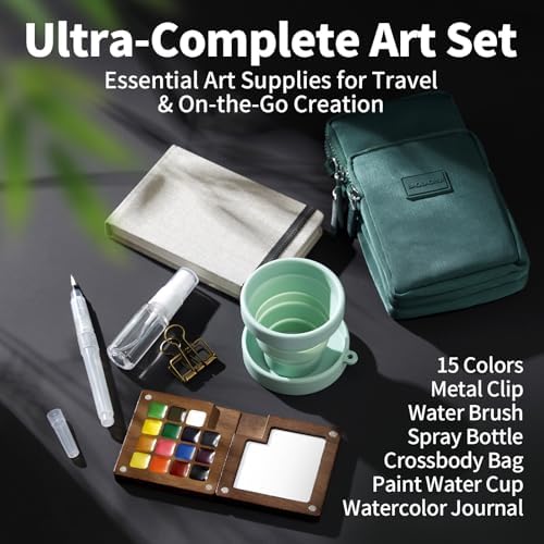 Mini Watercolor Paint Set, Travel Painting Kit with Walnut Wood Palette 15-Color, Crossbody Bag, Watercolor Journal, Metal Clip, Water Cup, Water Brush, for Artists, Beginners & Adults, Green - Image 3