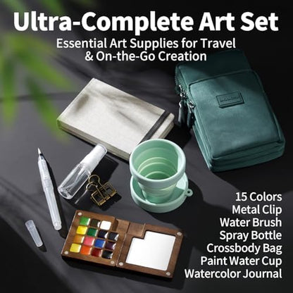 Mini Watercolor Paint Set, Travel Painting Kit with Walnut Wood Palette 15-Color, Crossbody Bag, Watercolor Journal, Metal Clip, Water Cup, Water Brush, for Artists, Beginners & Adults, Green - Image 3