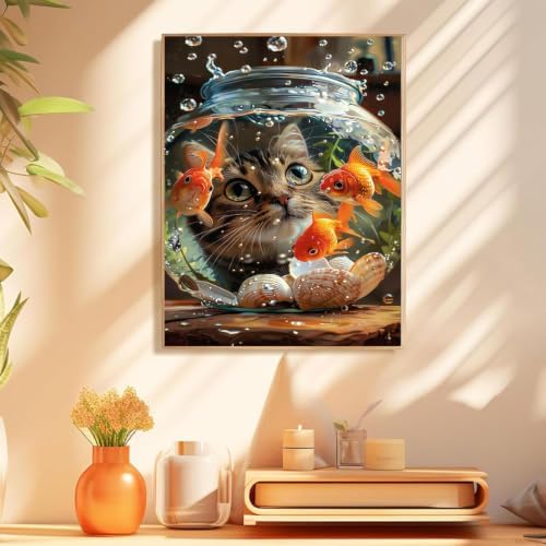 Cat Goldfish Paint by Numbers Kit for Adults Framed Canvas, Frameworkless - Image 4