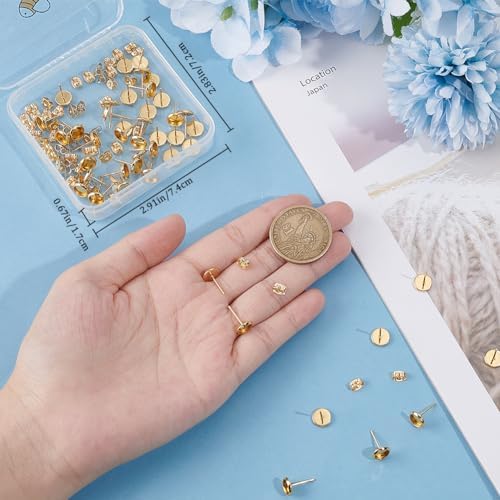 Beebeecraft 1 Box 50Pcs Post Stud Earring Findings 18K Gold Plated Blanks Round Cabochon Prong Earring Bezels Trays Settings with 6mm Tray and 50Pcs Backs for Jewelry Making - Image 3