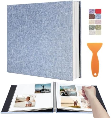 Large Photo Album Scrapbook, Holds 4x6, 8x10 Pictures, Self-Adhesive Pages for Baby, Wedding, Travel & Family Memories, Includes Metallic Pen & Scraper, Light Blue DIY Memory Book for Gifts by HoneyTolly