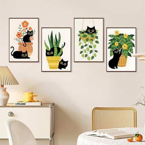 4 Pack Paint by Numbers Kit for Adults with Frame, Black Cat & Green Plant - Image 3