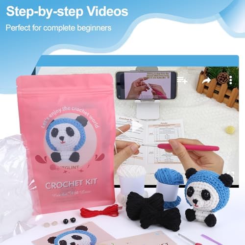 Autglint Panda Crochet Kit for Beginners, Learn to Crochet Starter Kit with Pre-Started Yarn & Easy-to-Follow Video Tutorials, DIY Amigurumi Animal Kit for Adults Kids Gift - Image 2