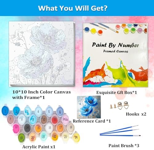 Artunion Framed Paint by Numbers Kit for Adults Beginners & Kids Ages 8-12,Blue Flowers Paint by Number with Frame,Abstract Poppy Paint by Numbers Kit on Canvas 10 * 10 Inch Without Easel - Image 4