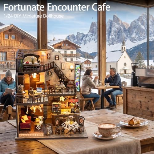 DIY Miniature House Kit, Fairy Dollhouse for Adults to Build, Mini Home Building Kit with Wooden Furniture & LED Lights,Garden Detials, Gift for Family and Friends (Fortunate Encounter Café) - Image 6