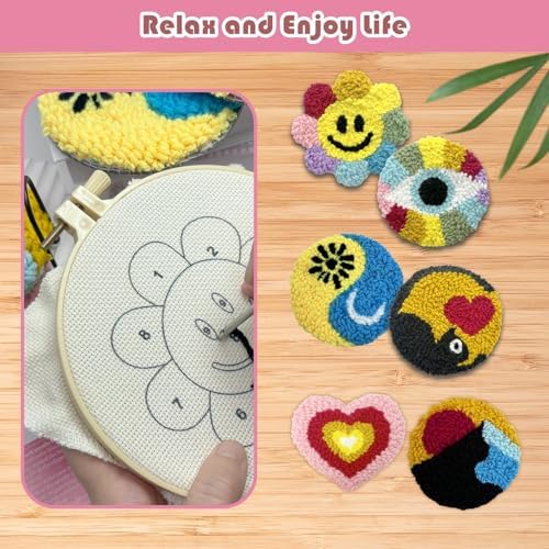SEREDH Punch Needle Coasters Kit for Beginners Adults Easy Needle Punch Embroidery Kit Set Threader Instruction Fabric Hoop Yarn Tufting Coaster DIY Making,Coaster Holder Coaster Art Craft Supplies - Image 2