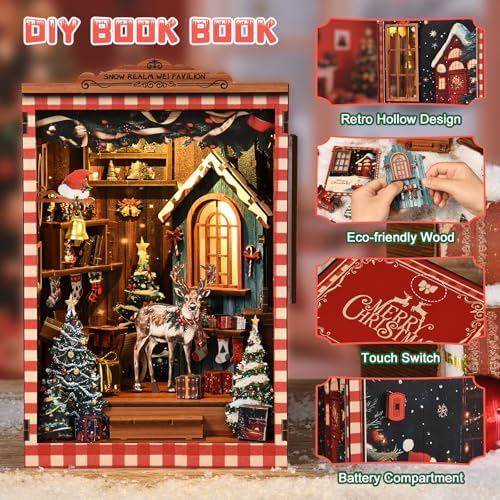 DIY Mini Book Nook Kit, Snow Realm Wei Pavilion 3D Wooden Puzzle with LED Lights, Christmas Themed Bookshelf Decor, 161 Pcs Adult Craft Model for Home & Gift - Image 4