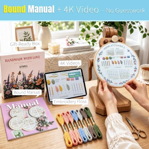 ETSPIL Beginner Embroidery Kit, 4K Video, 4 Floral Patterns, Gift Box - Image 2