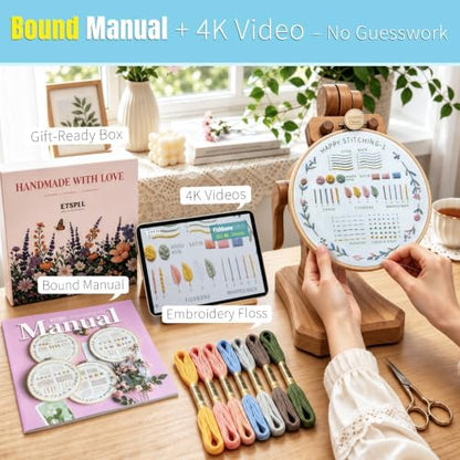 ETSPIL Beginner Embroidery Kit, 4K Video, 4 Floral Patterns, Gift Box - Image 2
