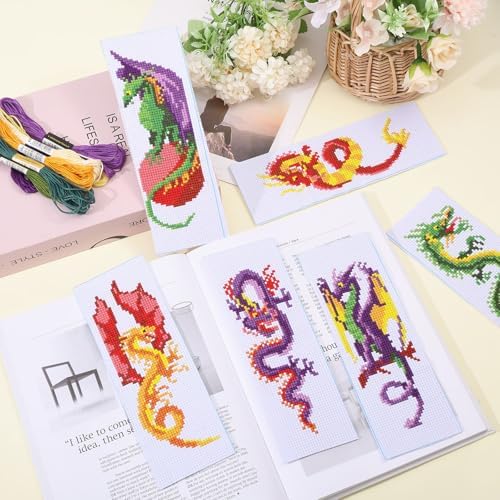 ORIGACH 6 Pcs Cross Stitch Bookmark Kit for Beginner Dragon Pattern Stamped Embroidery Stitch Kits for Starter DIY Bookmarks Printed Cross Stitch Kits with 13 Colors Embroidery Floss - Image 5