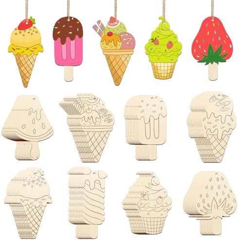 80PCS Wooden Ice Cream Cutouts Ornaments to Paint,Summer Decorations 8 Styles DIY Blank Unfinished Wood Cutouts Ornament for Crafts Hanging Decorations by Sophena