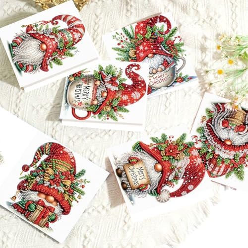 jinglinhh 6pcs Christmas Cup Gnome Diamond Art Painting Greeting Cards with Envelopes, DIY Card Making Kits for Adults, Diamond Art Postcards Holiday Cards Craft Gifts - Image 5
