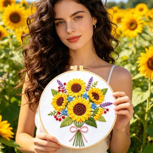BEUNITONE 4pcs Embroidery Kit, Flower Stamped Embroidery Kits with Hoop, Thread & Needles, Colorful Bouquet Cross Stitch Kits Sewing Gifts for Adults and Beginners, DIY Craft for Relaxation - Image 5