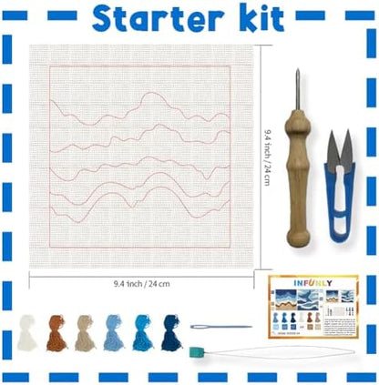 INFUNLY 2 Set Waves Ocean Punch Needle Kit for Beginners Whale Tail Punch Needle Embroidery Kits for Adults 9.4×9.4 Inch DIY Punch-Stitching Kit with Instruction Threader Needles Frame for Wall Decor - Image 2
