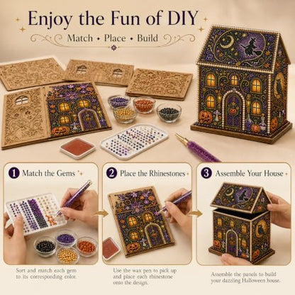 Halloween Wooden House 3D Rhinestone Diamond Art DIY Kit, for Adults, Wooden 3D House with Round Rhinestones and Pearl Accents for Hands-on Halloween Crafting and Tabletop Seasonal Decor. (Style-D) - Image 4