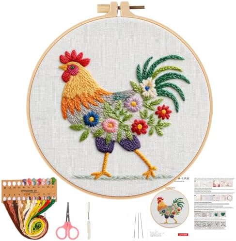 Herdiese Embroidery Kit for Beginners, Rooster Flower Set with Hoop by Unknown