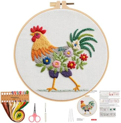 Herdiese Embroidery Kit for Beginners, Rooster Flower Set with Hoop by Unknown