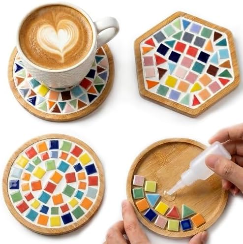 Nuyoach DIY Mosaic Coaster Kits for Adults Craft,2 Sets Ceramic Arts and Crafts Tile Kit with Wooden Coasters,Glass Mosaic Adult Craft Kits for Women Seniors Handmade Gifts Home Decor by Nuyoach