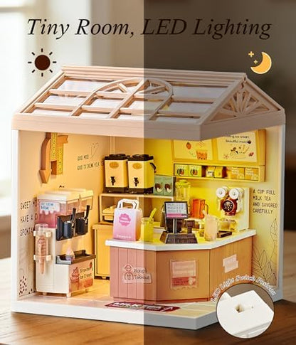 Bubble Tea Shop DIY Miniature House Kit with Roof & LED Light, Stackable & Connectable Dollhouse Kit with Dustproof Doors, Creative DIY Crafts Building Toy Gift for Adults Teens - Image 3