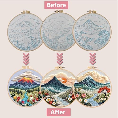 Embroidery Kit for Adults, Pre-Stamped Pattern Embroidery Kit for Beginners, DIY Hand Needlepoint Starter Kit with Hoop Thread Needle Instruction, 6.3'' Hoop (Nature Landscape 3 Packs) - Image 2