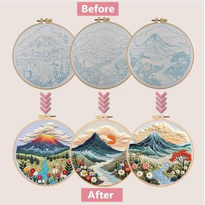 Embroidery Kit for Adults, Pre-Stamped Pattern Embroidery Kit for Beginners, DIY Hand Needlepoint Starter Kit with Hoop Thread Needle Instruction, 6.3'' Hoop (Nature Landscape 3 Packs) - Image 2