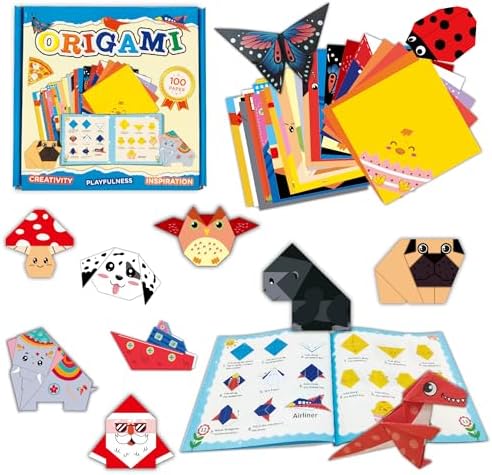 Origami Kit for Kids Ages 5-8 8-12, 100 Sheets Double Sided Colorful Folding Paper (45 Patterns×2+10Blank) with Clear Guiding Book, Animals Dinosaur Art Activity DIY Craft Set Gift for Girls Boys by Unknown