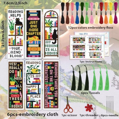 ACRNIGHEET 6PCS Cross Stitch Bookmark Kit for Beginner Stamped Cross Stitch Kits for Adults Bookshelves DIY Tassel Embroidery Bookmark Kits Needlepoint Kit with Instructions Craft Gift 8.5''x3'' 11CT - Image 2