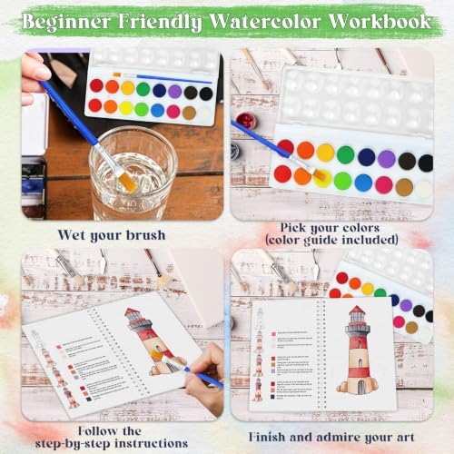 Beginners Watercolor Workbook for Adults, Step-by-Step Coloring Book Set - Image 2