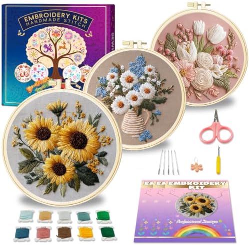 Huacan Embroidery Kit for Adults Beginners with 3 Hoops & Gift Box by Home
