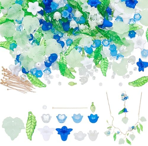 NBEADS 417 Pcs Acrylic Assorted Beads Kit, Tulip Flower Beads Caps Trumpet Flower Leaf Acrylic Pendants Leaf Loose Beads Earring Making Kit with Faceted Glass Beads Brass Ball Pins for Jewelry Making by NBEADS