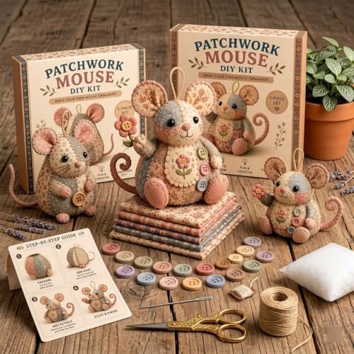 OZSZN Patchwork Mouse DIY Kit – Handmade Sewing Craft Set with Buttons & Fabric, Cute Mouse Ornament for Adults Beginners, Creative Animal Craft Project (W) - Image 6