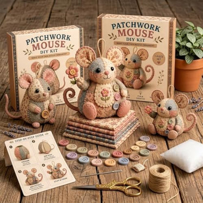 OZSZN Patchwork Mouse DIY Kit – Handmade Sewing Craft Set with Buttons & Fabric, Cute Mouse Ornament for Adults Beginners, Creative Animal Craft Project (Q) - Image 2