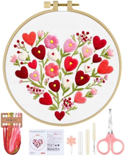 ERKOON Embroidery Kit for Beginners Adult, Flower Cross Stitch Set Include Embroidery Cloth Hoops Threads for Craft Lover Hand Stitch with Embroidery Skill Techniques (Heart) by ERKOON