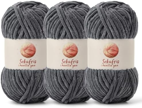 Chenille Blanket Yarn for Crocheting Size 5 Bulky Yarn 3 Dark Gray by Sekafris