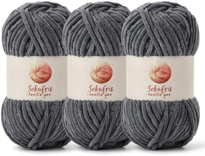 Chenille Blanket Yarn for Crocheting Size 5 Bulky Yarn 3 Dark Gray by Sekafris