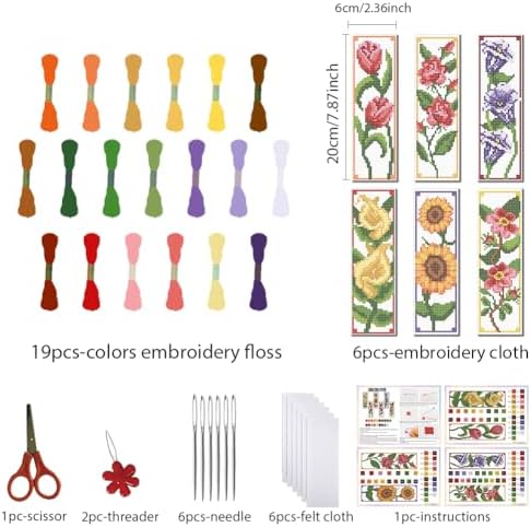 FREEBLOSS 6 Set Cross Stitch Bookmark Kits 11CT 8"x2.4" 6 Flowers Design - Image 2