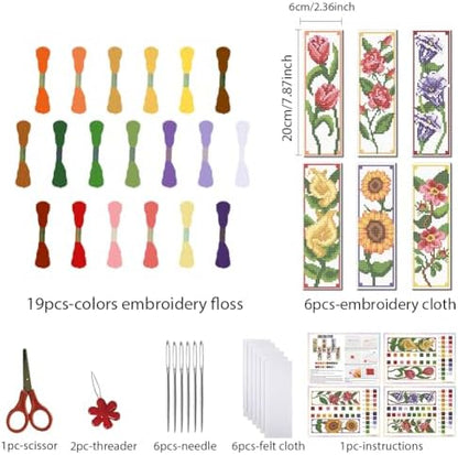 FREEBLOSS 6 Set Cross Stitch Bookmark Kits 11CT 8"x2.4" 6 Flowers Design - Image 2