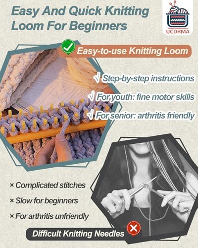 UCDRMA Upgraded Adjustable-Pegs Loom Knitting Kit (Pre-Installed Pegs), 2-in-1 Knitting Loom Set Quick Crochet Loom with 12 Yarn & Instructions & Pom Pom Maker, Scarf Loom Crochet Kit for Beginners - Image 6