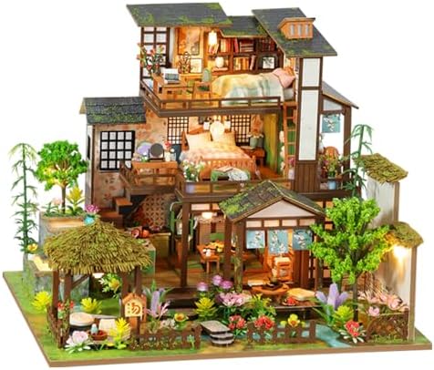 DIY Miniature House Kit with LED Lights, Bamboo Spring Courtyard Wooden Mini House Building Kit for Adults & Teens, Creative Crafts for Women, Friends & Hobbyists by LogicTwist