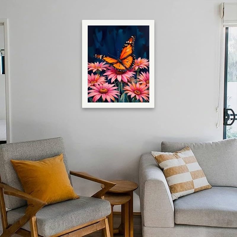 Butterfly Art Paint by Numbers Kit for Adults - DIY Monarch Butterfly on Pink Daisies Painting on Canvas 16x20 Inches, Acrylic Paint Set, Suitable for Beginners, Art for Home Decoration or Gifts - Image 4