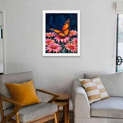 Butterfly Art Paint by Numbers Kit for Adults - DIY Monarch Butterfly on Pink Daisies Painting on Rolled Canvas 16x20 Inches, Acrylic Paint Set for Beginners, Art for Home Decoration or Gifts - Image 5