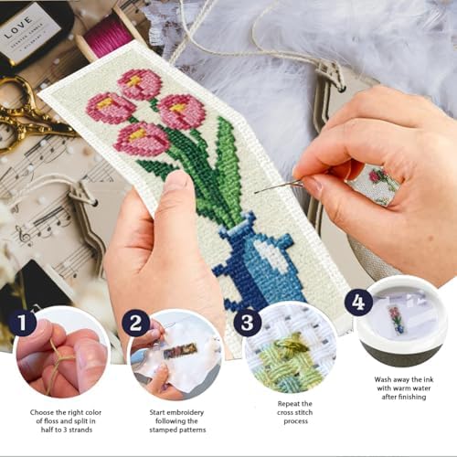 INFUNLY 6PCS Cross Stitch Bookmark Kit for Adults Flower Vase Stamped Embroidery Bookmark Kit with Backing Felt Floss Instruction for Book Lovers Readers - Image 4