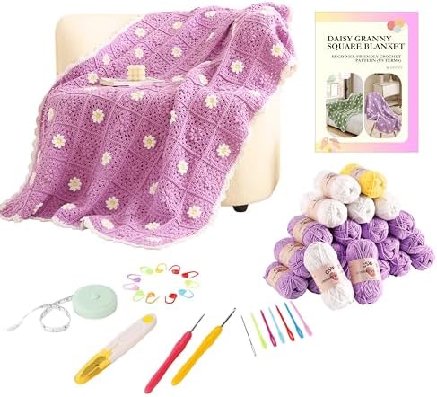 CSWCS Crochet Blanket Kit for Beginner, Purple Daisy Granny Square Throw Kit for Adults, Easy Learn How to Knitting with Yarn & Hook, Complete Starter Set with Step-by-Step Instructions (47'' x 39'') by Cswcs