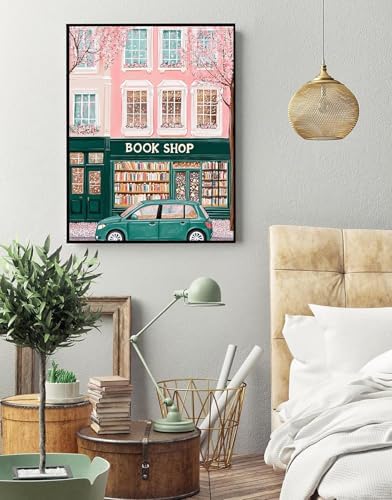 Eiazuiks Stamping Cross Stitch Kit, Green Bookstore Counting Cross Stitch Kit for Adult Beginners, Full Line DIY Stitching Kit for Home Decor Cross Stitch Patterns 12x16 inches - Image 4