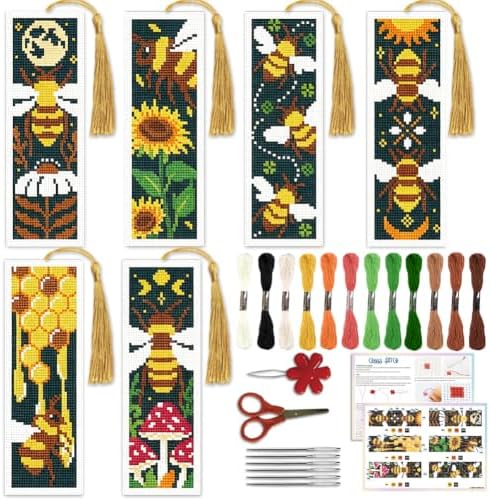 ACRNIGHEET 6PCS Cross Stitch Bookmark Kit for Beginner Stamped Cross Stitch Kits for Adults Retro Bee DIY Tassel Embroidery Bookmark Kits Needlepoint Kit with Instructions Craft Gift 8.5''x3'' 11CT by ACRNIGHEET