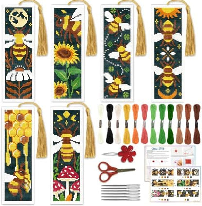 ACRNIGHEET 6PCS Cross Stitch Bookmark Kit for Beginner Stamped Cross Stitch Kits for Adults Retro Bee DIY Tassel Embroidery Bookmark Kits Needlepoint Kit with Instructions Craft Gift 8.5''x3'' 11CT by ACRNIGHEET