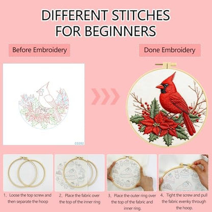 Zhenqing Cardinal Embroidery Kit for Beginners, Red Bird & Holly Needlework Craft with Pre-Printed Cotton Fabric, Hoop, Threads & Tools, Winter Holiday Decor (C0202) - Image 3