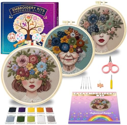 Huacan Embroidery Kit for Adults Beginners with 3 Hoops & Gift Box by Home